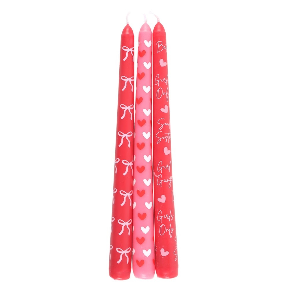 Something Different - Set of 3 Girl Gang Bow and Heart Taper Candle - Red/Pink